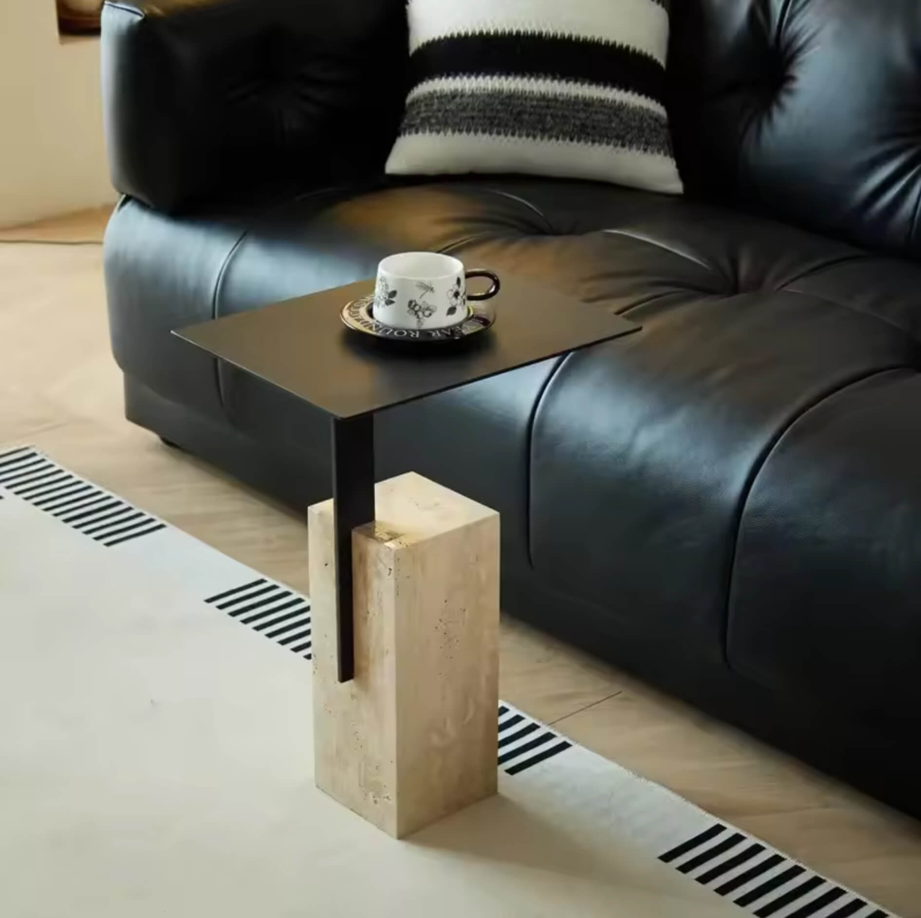 Coffee Table Modern light luxury coffee sofa black metal top travertine marble side tables for living room furniture