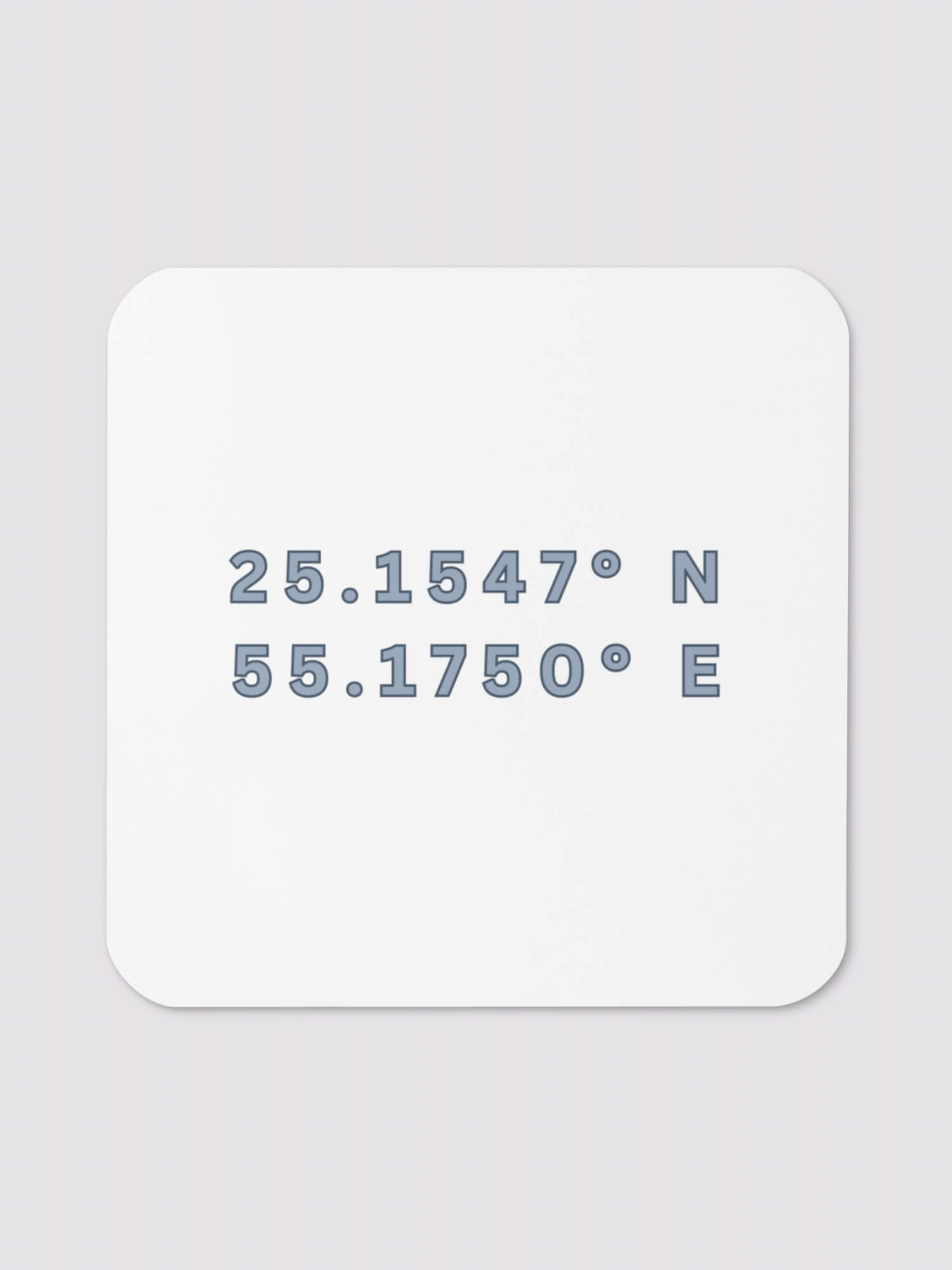 UAE GPS Cork-Back Coaster   Shop LATITUDE° United Arab Emirates global positioning longitude and latitude map positioning numbers reference positions pattern for Al Fahidi Fort designed by miteigi drinks coasters in white with myst light memories green design pattern gifts Outdoor entertaining accessory Luxury bars restaurants hotels clubs Dubai Entertainment accessories Middle Eastern gifting