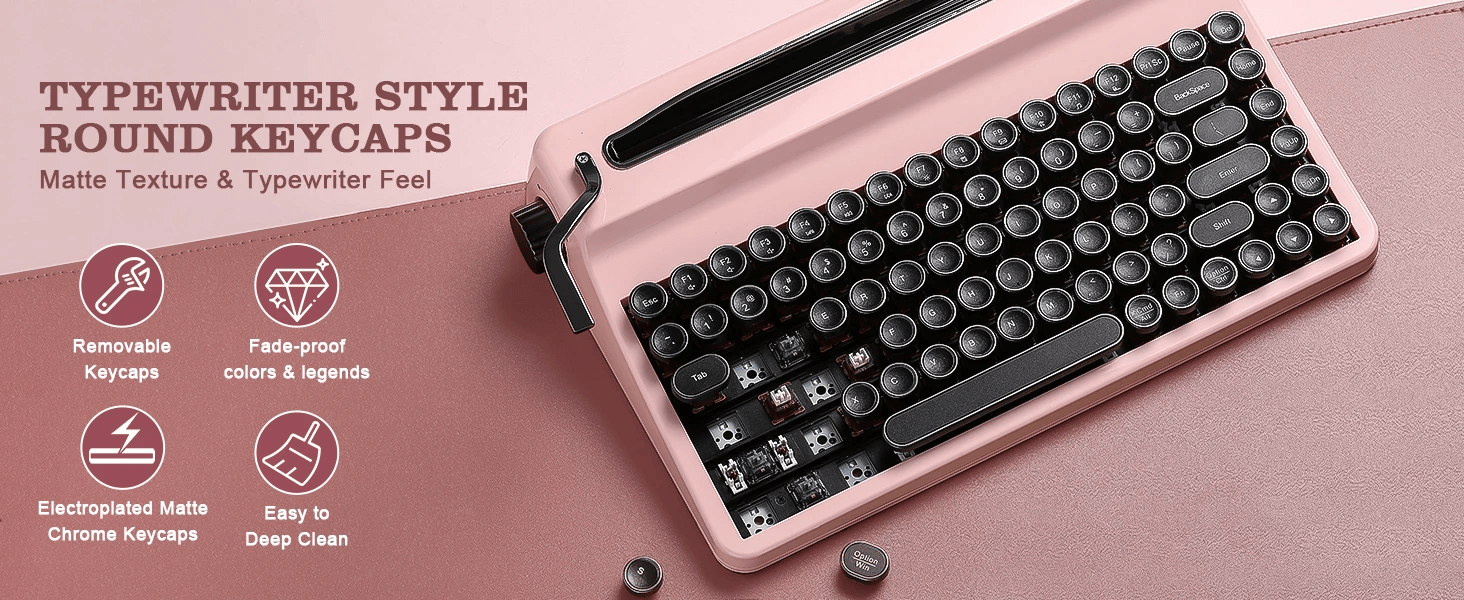 YUNZII QL75 iPad Laptop Tablet Typewriter Mechanical Keyboard interface, QMK/VIA Custom RGB Hot-Swap Retro Wireless Keyboard for Mac/Win, Round Keycaps in Pink, Green