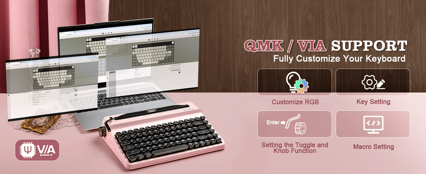 YUNZII QL75 iPad Laptop Tablet Typewriter Mechanical Keyboard interface, QMK/VIA Custom RGB Hot-Swap Retro Wireless Keyboard for Mac/Win, Round Keycaps in Pink, Green
