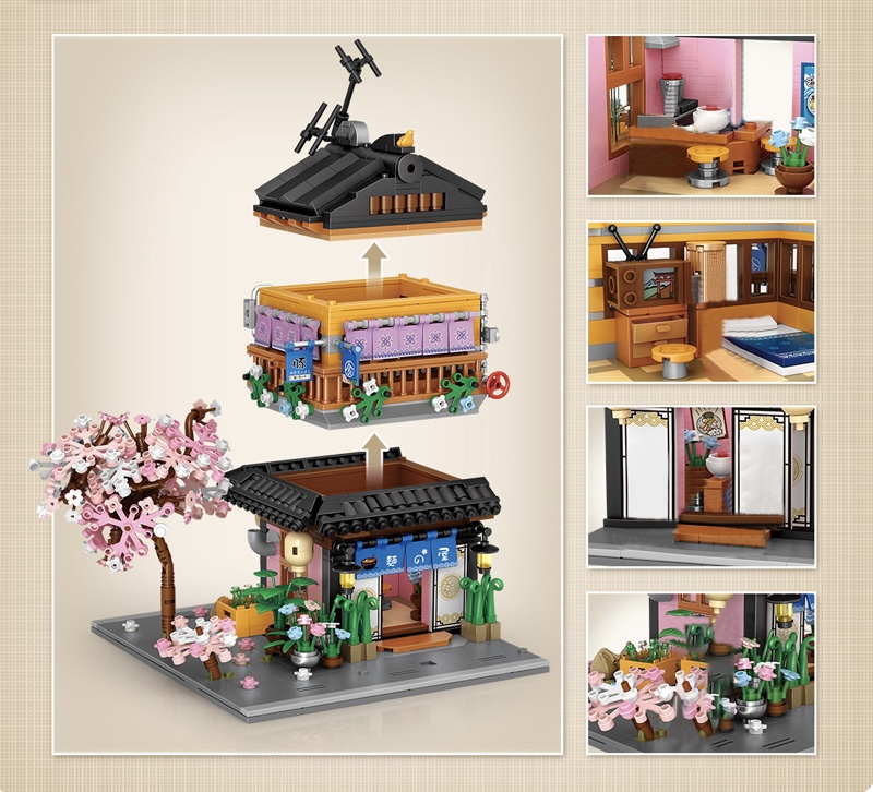 Japanese Ramen Restaurant Fruit Stall 1134-Piece Building Block Mini Sets City Street View Retro Bricks Birthday Japan Souvenir Crafts Toys Kids Gifts