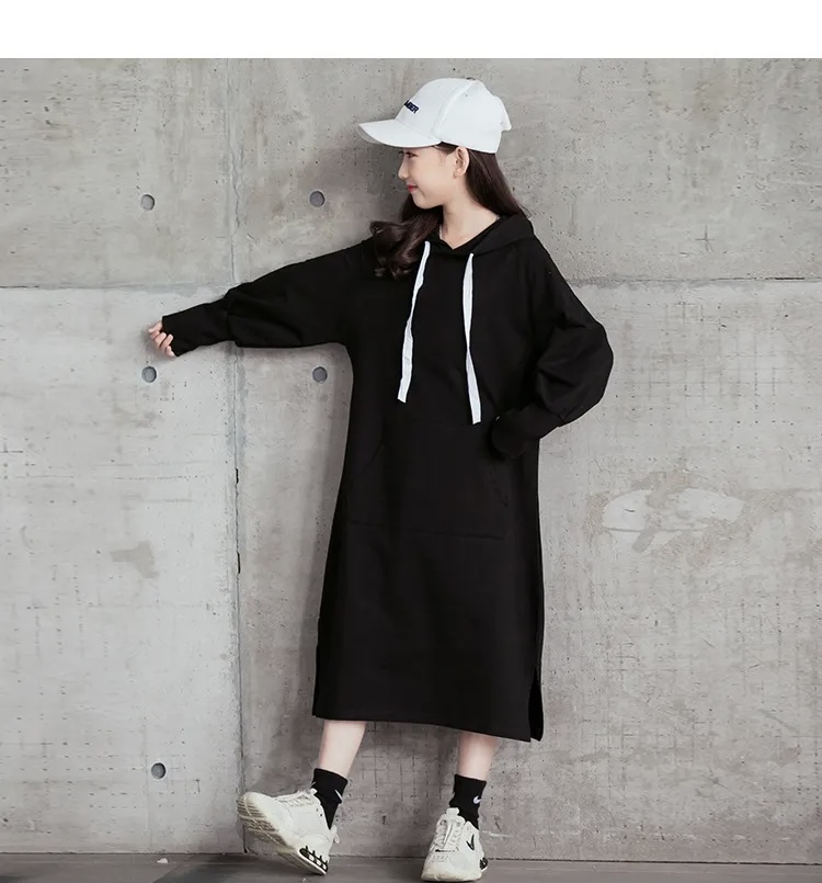 Sweatshirt Dress  Autumn Long Hoodies for Girls Loose Casual Winter Teen Children Clothes Fashion All-match Kids Child’s Sweatshirts Teens Wear 12 13 14 Year Dresses in Black