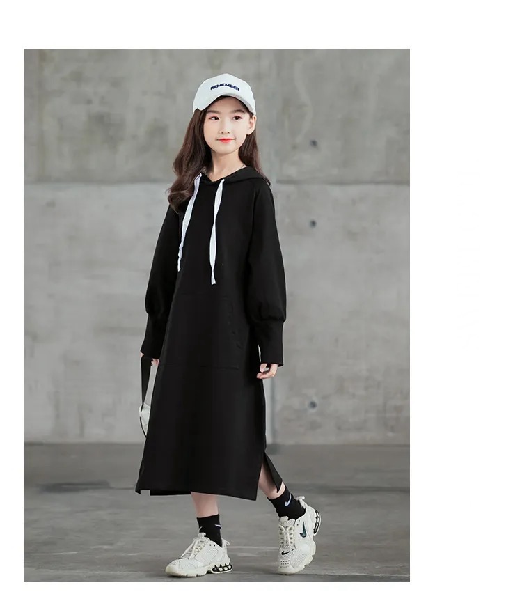 Sweatshirt Dress  Autumn Long Hoodies for Girls Loose Casual Winter Teen Children Clothes Fashion All-match Kids Child’s Sweatshirts Teens Wear 12 13 14 Year Dresses in Black