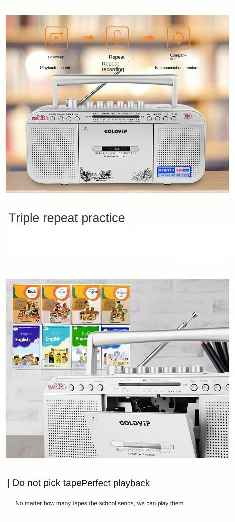 Radio Tape Recorder U-Disk USB  Recording Tape Machine Recorder Cassette U Disk MP3 Voice Recorders English Tape Transcription Players in pink, silver color