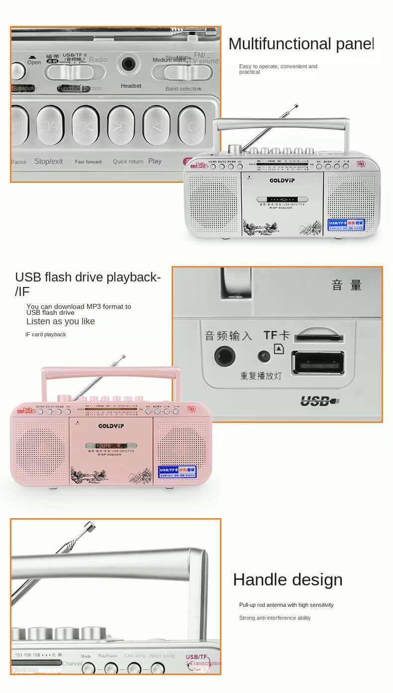 Radio Tape Recorder U-Disk USB  Recording Tape Machine Recorder Cassette U Disk MP3 Voice Recorders English Tape Transcription Players in pink, silver color