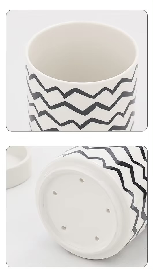 Creative Geometric Pattern Ceramic Chopstick Holder Knife Fork Spoon with Rack Drain base Jar Household Storage Holders Tools in white with black accent color in checkered, polka dot, line and wave patterns 