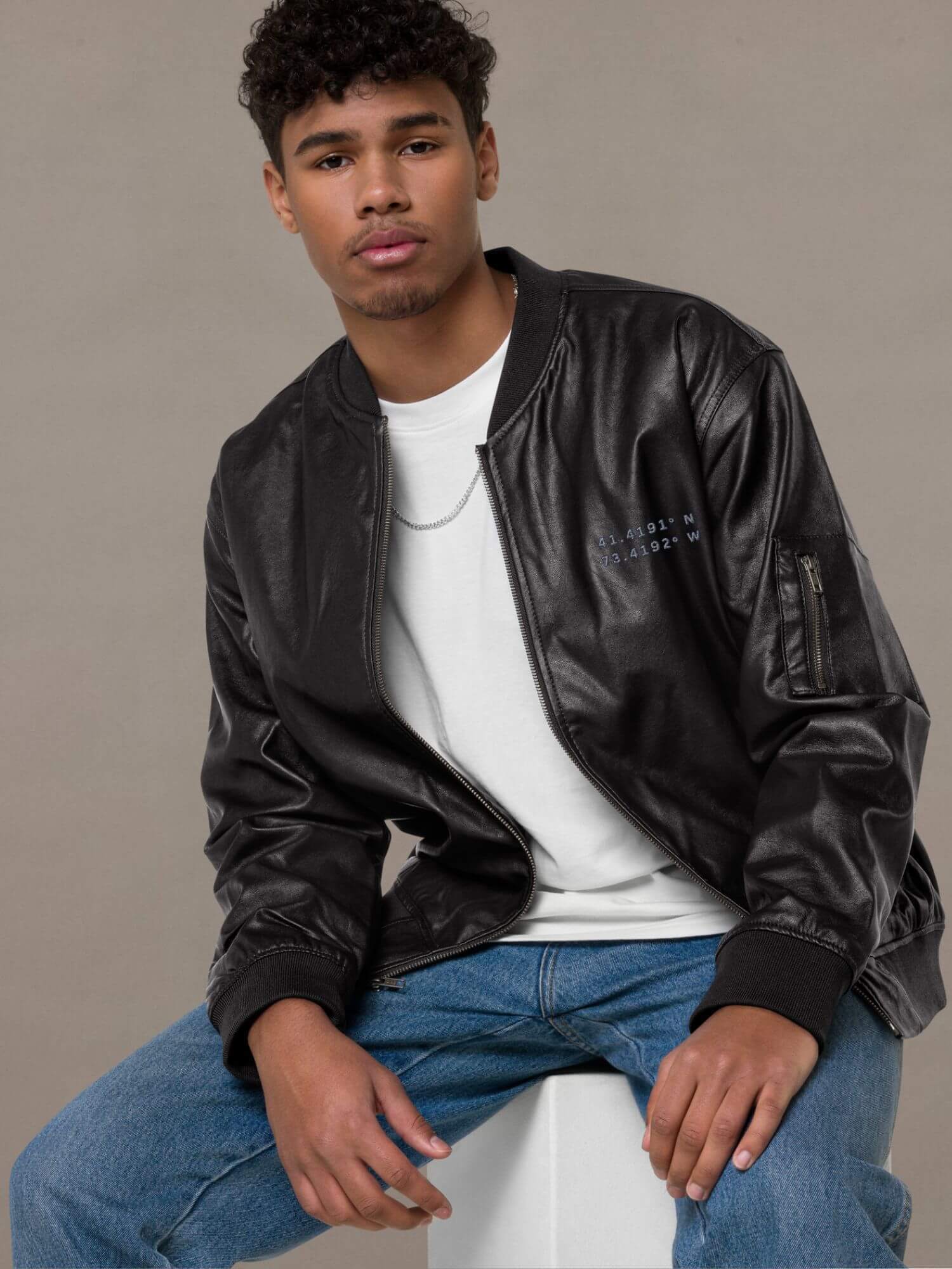 Vegan Leather Bomber Jacket GPS ct    Genderful Men’s classic banded ribbed hem mockneck collar cuff long sleeves zipper closure front side slant pockets lined Jackets for man in black with myst light memories green logo design Shop LATITUDE° global positioning longitude and latitude map positioning numbers reference positions pattern for Danbury Harley Davidson, Danbury CT, USA Biker mens Faux PU petite-, tall-, plus-, size Outerwear motorbikes