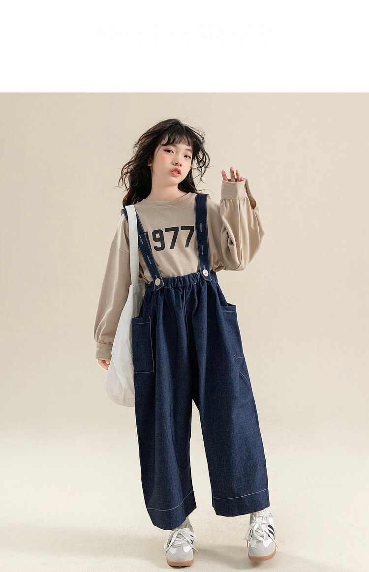 Denim Overalls  Teenager Girls Romper Jumpsuit Fashion Dark Navy Blue Loose Casual Squareneck School Kids Jumpsuit Elastic Waist Spring Children Rompers Jumpsuits Pants 12 13 14 Years Child’s Dungarees