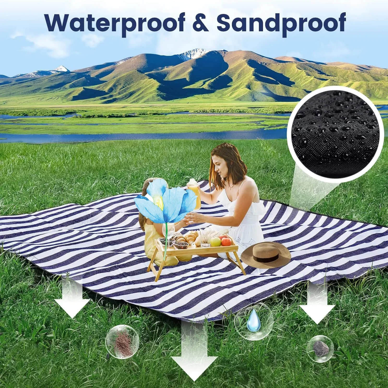 Extra Large Portable and waterproof Sand-proof Foldable Outdoor park, beach, Fashion Handy Mat Tote Picnic Blankets in Blue, with white stripe, Blue, with white plaid, Mocha blue, with black-, white-, stripe, Red, with white plaid, Yellow, with white plaid