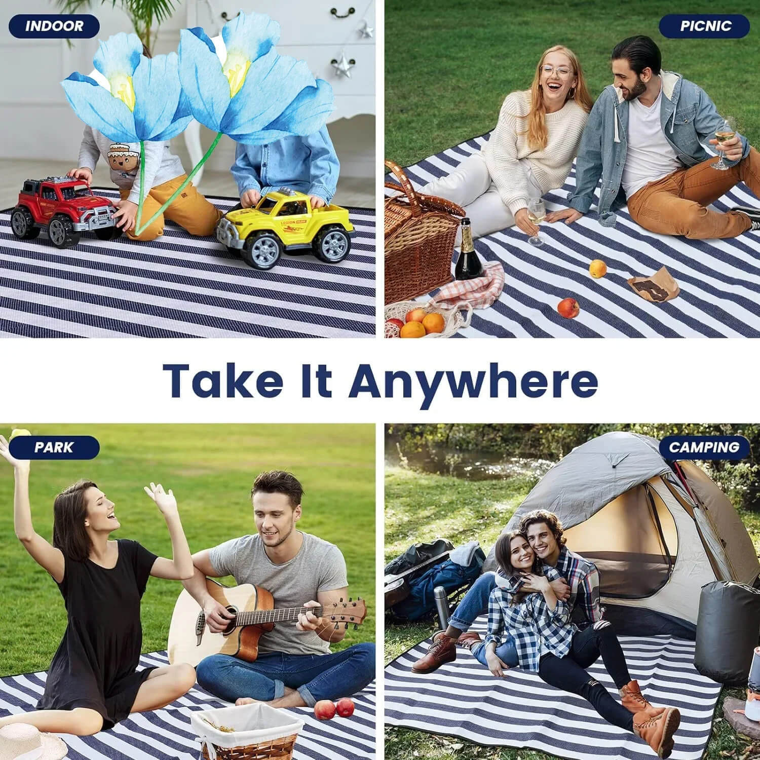 Extra Large Portable and waterproof Sand-proof Foldable Outdoor park, beach, Fashion Handy Mat Tote Picnic Blankets in Blue, with white stripe, Blue, with white plaid, Mocha blue, with black-, white-, stripe, Red, with white plaid, Yellow, with white plaid
