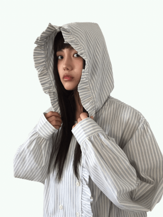 Women's Retro Ear Mushroom Korean flounce Ruffles Collar button-up hooded Stripe Shirt for woman in white with gray grey Womens striped ruffled Spring Loose fit long sleeves Coat Versatile Casual Sle hood Hat Included Shirts