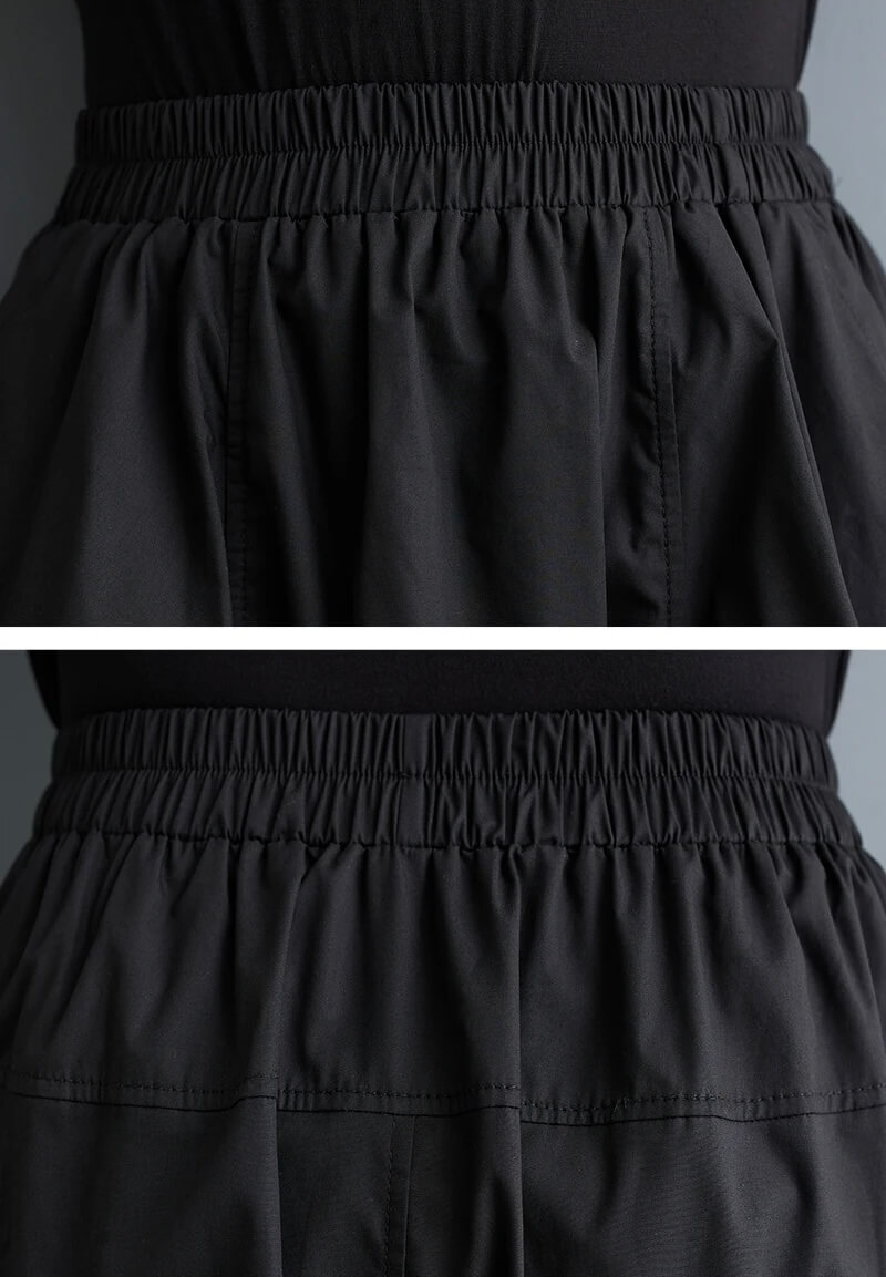 Women’s woman womens Folds pockets patchwork solid color elasticated high rise empire waist Loose mid-calf all-match slimming bell skirts in bottle black