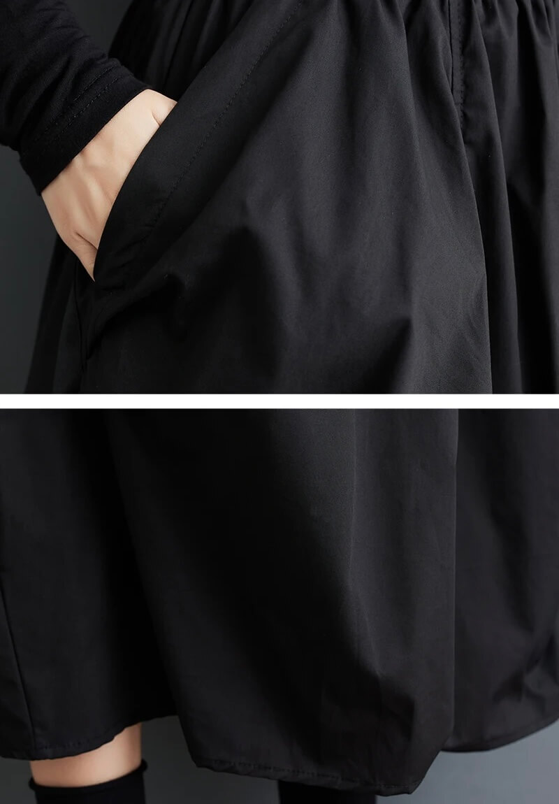 Women’s woman womens Folds pockets patchwork solid color elasticated high rise empire waist Loose mid-calf all-match slimming bell skirts in bottle black