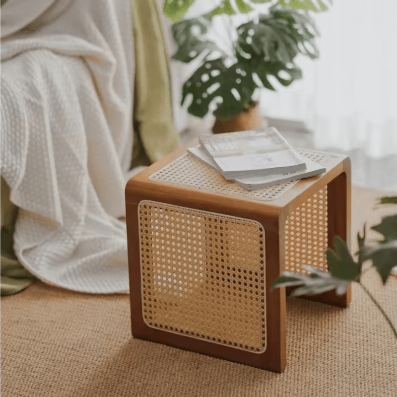 Japanese Style, Solid Oak Wood, Rattan weaving, Square Stool, Sofa, Bedside Table, Shoe Change, Stool, Nordic, Storage, Living Room, Simple In natural walnut wood color