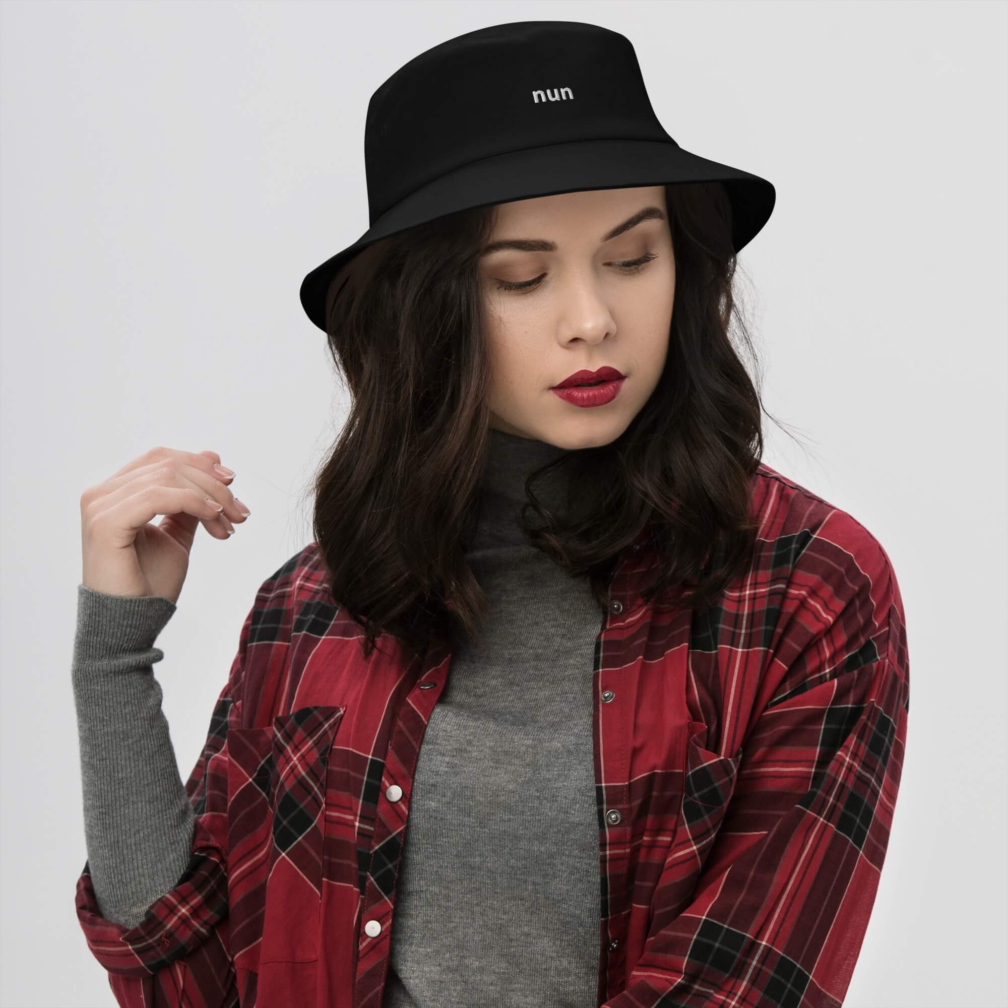 nun Bucket Hat   unisex Genderful Women’s Men’s Unisex anywear summer festival sun hats for woman man in black with white letter pattern embroidered on front, Mens womens getaway holiday vacation beachwear embroidery Headwear