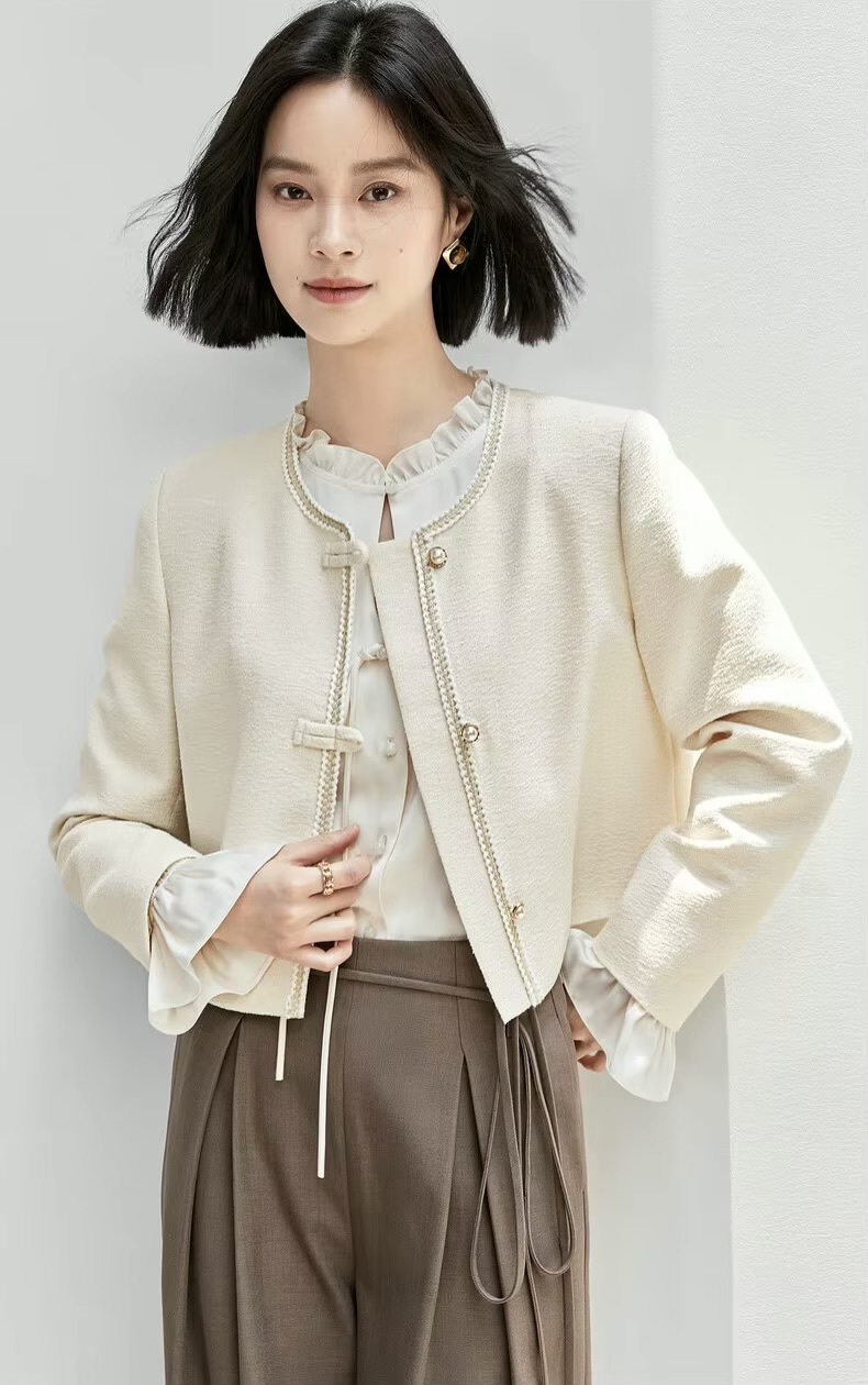 Texture Jacket      Women’s short straight long sleeves O-neck woven single breasted tape button-up close banded wide-waisted Jackets for woman in solid Apricot beige cream Korean Style outwear spring autumn womens cropped office lady wfh workwear commute Outerwear coats #143W55664