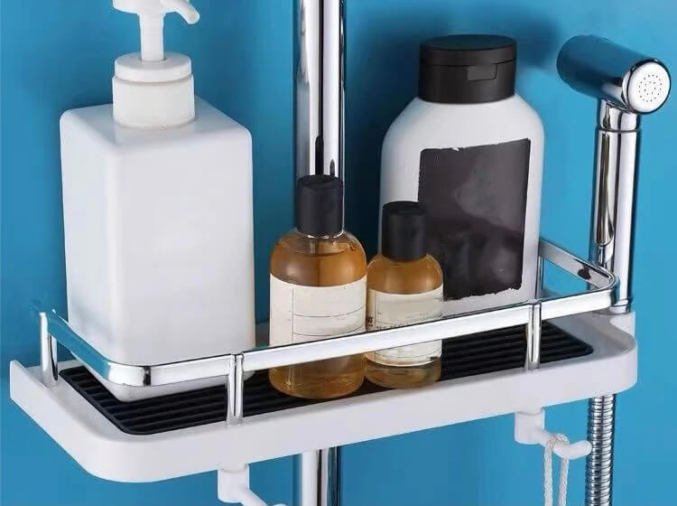 Bathroom Shower Shelf Home Lift Bracket Without Holes Bath Shower Rod Tray Storage organizers in white with black accent