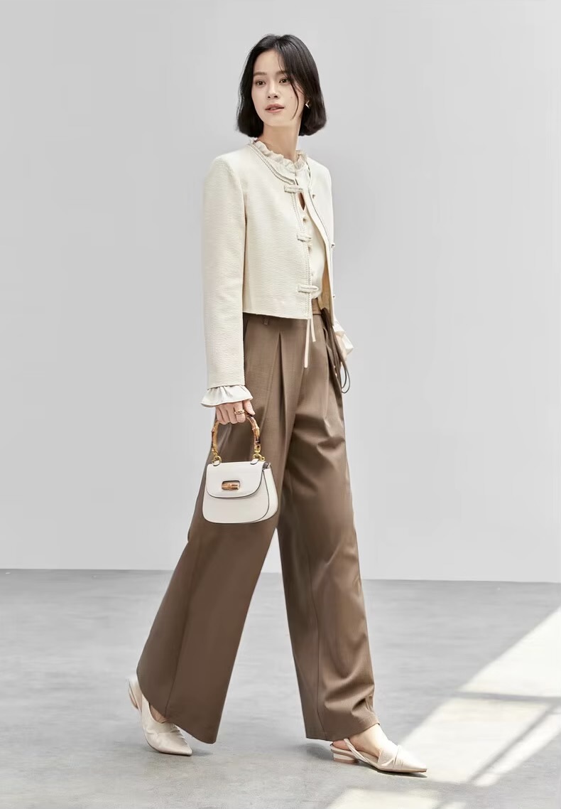 Texture Jacket      Women’s short straight long sleeves O-neck woven single breasted tape button-up close banded wide-waisted Jackets for woman in solid Apricot beige cream Korean Style outwear spring autumn womens cropped office lady wfh workwear commute Outerwear coats #143W55664