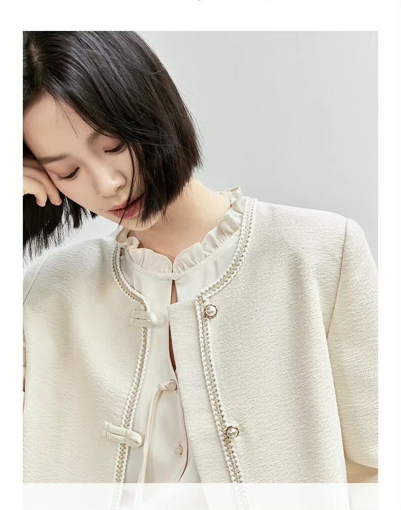 Texture Jacket      Women’s short straight long sleeves O-neck woven single breasted tape button-up close banded wide-waisted Jackets for woman in solid Apricot beige cream Korean Style outwear spring autumn womens cropped office lady wfh workwear commute Outerwear coats #143W55664