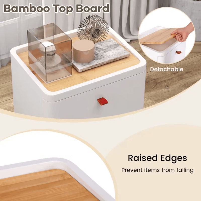 4-Drawer Dresser, Vertical storage tower with removable bamboo wood organizer tray & solid wooden legs in white with multi