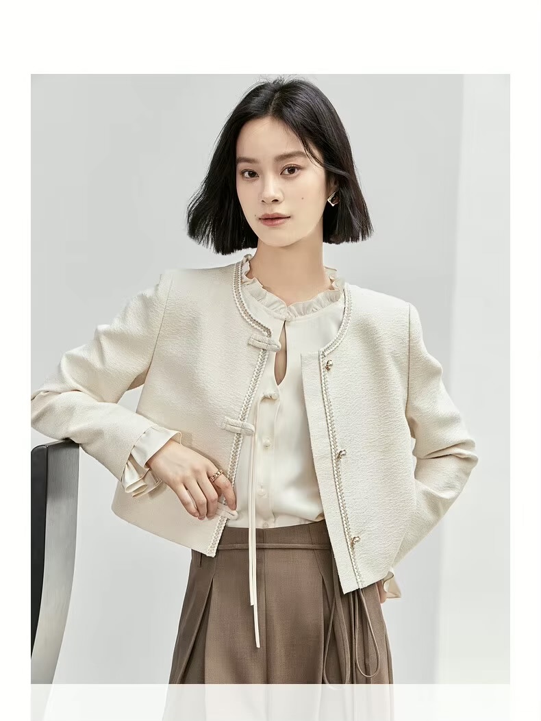 Texture Jacket      Women’s short straight long sleeves O-neck woven single breasted tape button-up close banded wide-waisted Jackets for woman in solid Apricot beige cream Korean Style outwear spring autumn womens cropped office lady wfh workwear commute Outerwear coats #143W55664