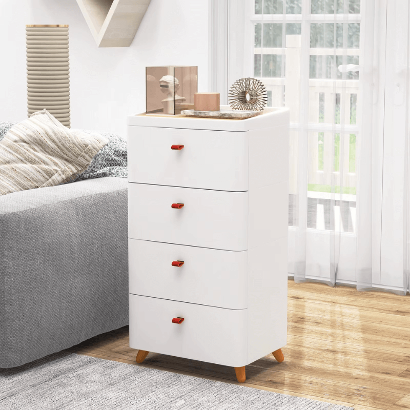 4-Drawer Dresser, Vertical storage tower with removable bamboo wood organizer tray & solid wooden legs in white with multi
