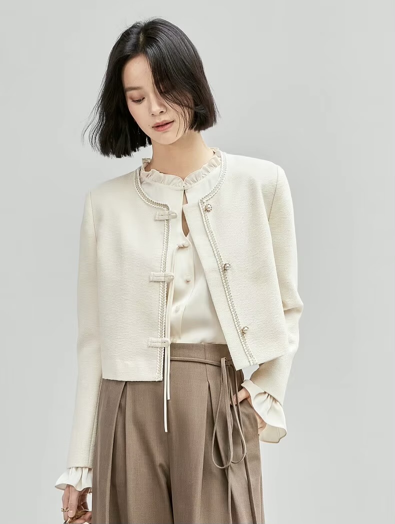 Texture Jacket      Women’s short straight long sleeves O-neck woven single breasted tape button-up close banded wide-waisted Jackets for woman in solid Apricot beige cream Korean Style outwear spring autumn womens cropped office lady wfh workwear commute Outerwear coats #143W55664