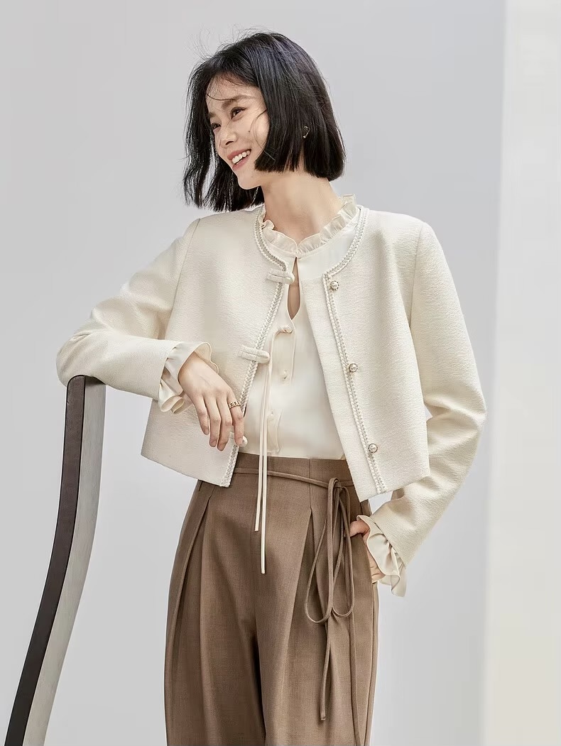 Texture Jacket      Women’s short straight long sleeves O-neck woven single breasted tape button-up close banded wide-waisted Jackets for woman in solid Apricot beige cream Korean Style outwear spring autumn womens cropped office lady wfh workwear commute office lady wfh workwear commute Outerwear coats #143W55664