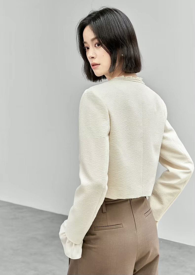 Texture Jacket      Women’s short straight long sleeves O-neck woven single breasted tape button-up close banded wide-waisted Jackets for woman in solid Apricot beige cream Korean Style outwear spring autumn womens cropped office lady wfh workwear commute Outerwear coats #143W55664