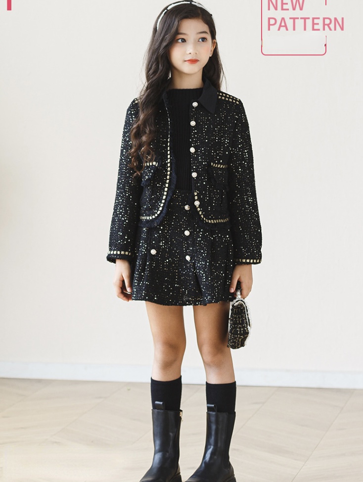 Skirt Suit Girls Outfits Autumn Winter Fashion Princess Blazer Coat Skirts Two Pieces Teen Kids Teens Child’s Clothing Sets Sequins Thick Warm Children’s Suits in Black