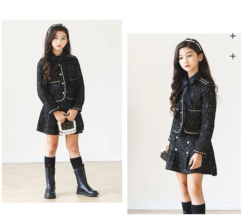 Skirt Suit Girls Outfits Autumn Winter Fashion Princess Blazer Coat Skirts Two Pieces Teen Kids Teens Child’s Clothing Sets Sequins Thick Warm Children’s Suits in Black