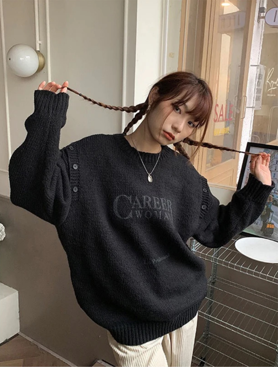 Off Shoulder Oversized Sweater black Women’s Hollow Out Crewbeck Y2K Round o-neck Knitted Pullovers Harajuku Print Knitwear Korean Jumper Letter embroidery Sweaters Womens plus size Workwear Streetwear for CAREER Woman