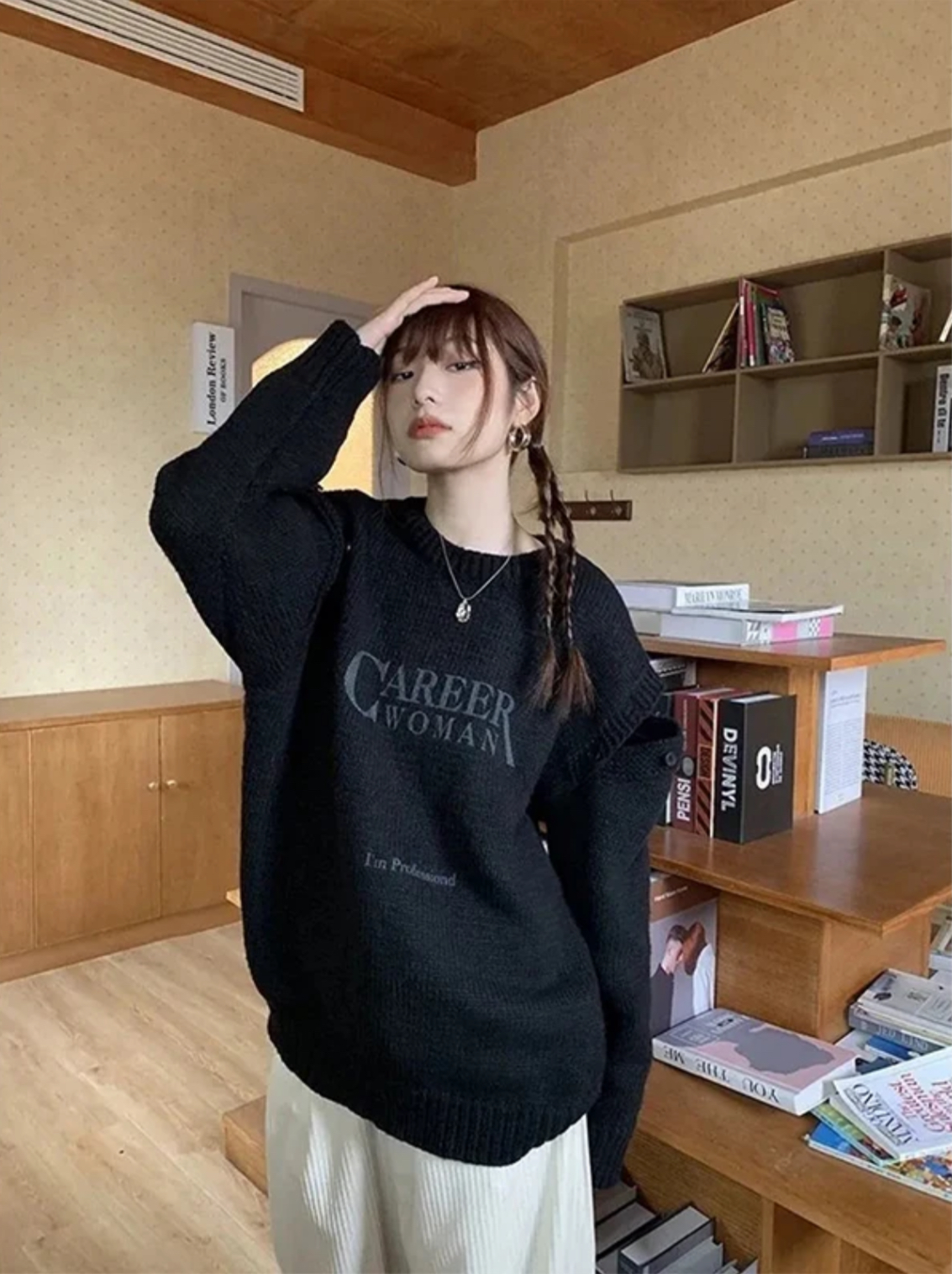 Off Shoulder Oversized Sweater black Women’s Hollow Out Crewbeck Y2K Round o-neck Knitted Pullovers Harajuku Print Knitwear Korean Jumper Letter embroidery Sweaters Womens plus size Workwear Streetwear for CAREER Woman