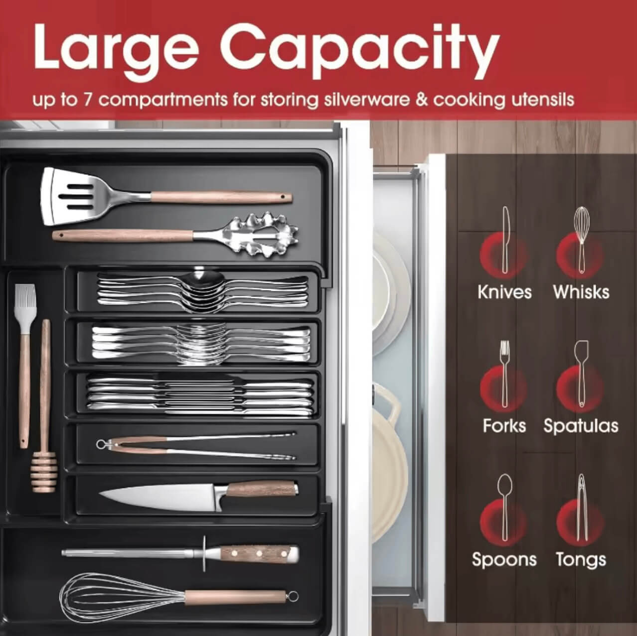 Adjustable Flatware Drawer Organizer Pantry Utensil Cutlery Drawer for Forks Knives Silverware Expandable Kitchen Drawer Kitchen Organizers Tray in White, Black, Gray grey