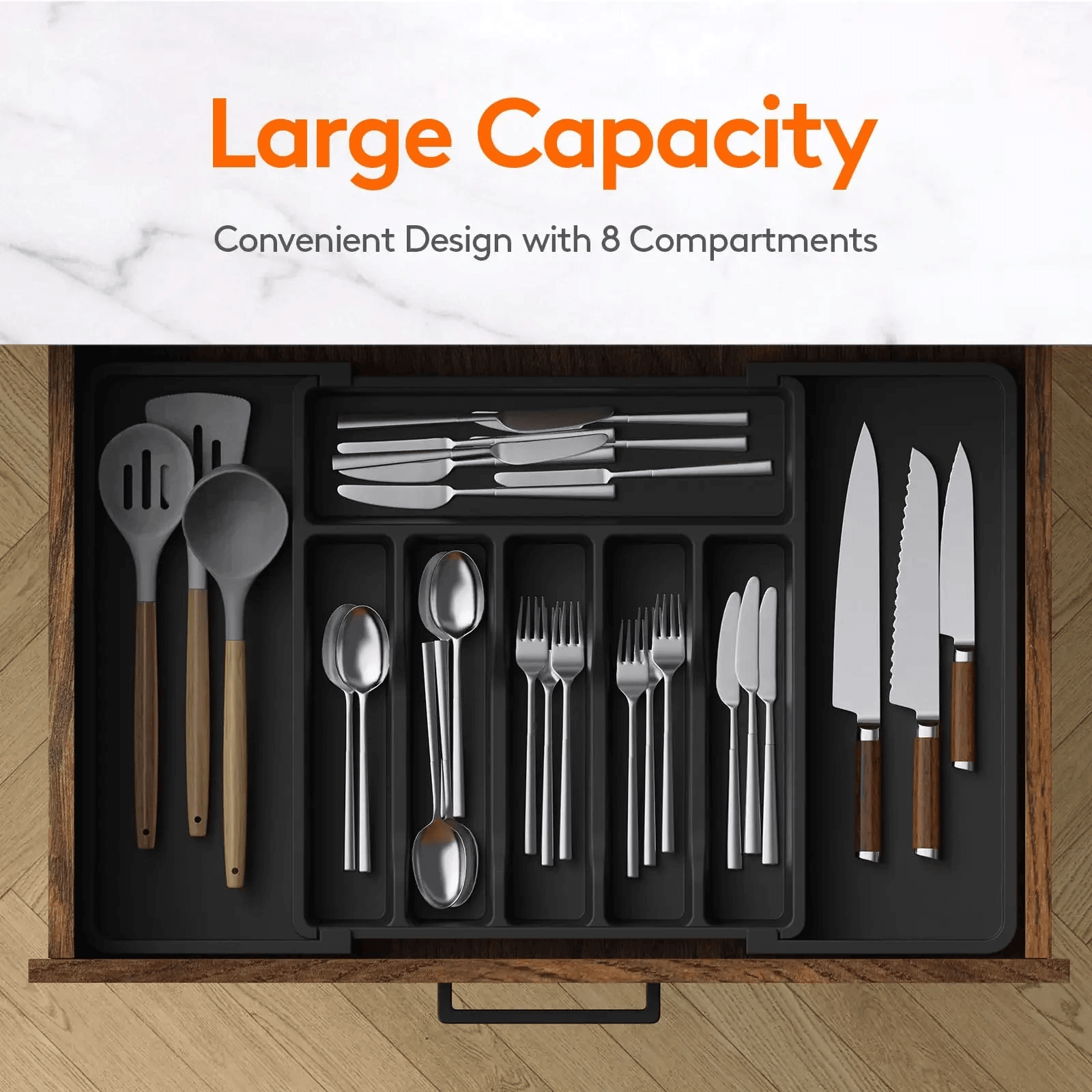Adjustable Flatware Drawer Organizer Pantry Utensil Cutlery Drawer for Forks Knives Silverware Expandable Kitchen Drawer Kitchen Organizers Tray in White, Black, Gray grey