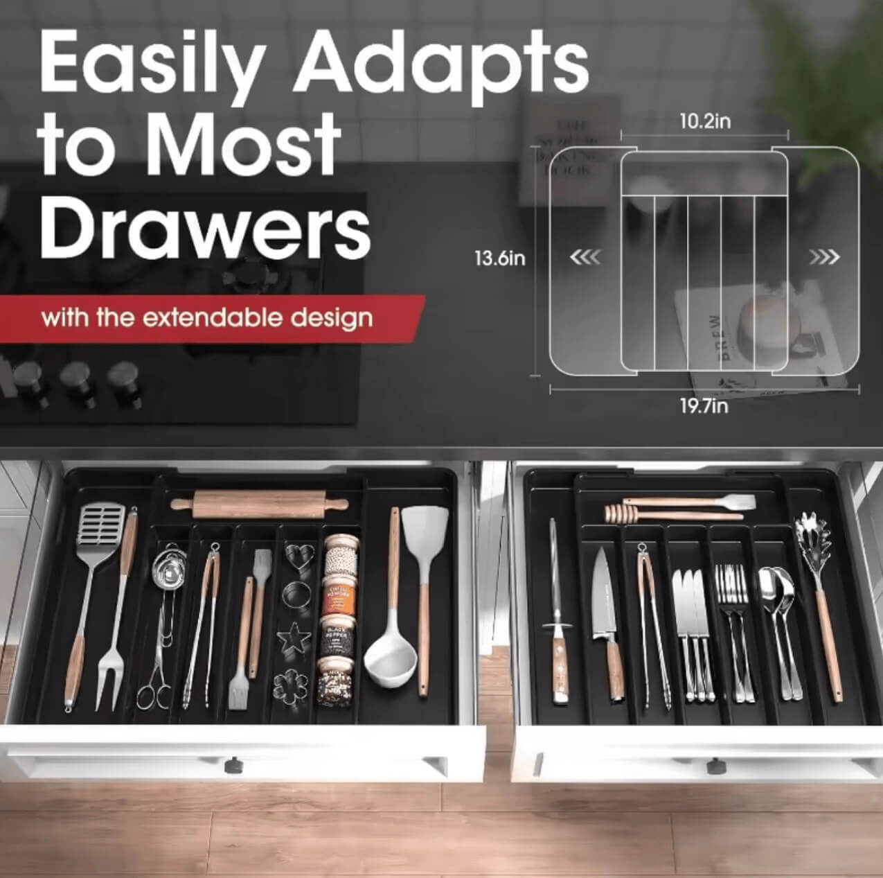 Adjustable Flatware Drawer Organizer Pantry Utensil Cutlery Drawer for Forks Knives Silverware Expandable Kitchen Drawer Kitchen Organizers Tray in White, Black, Gray grey