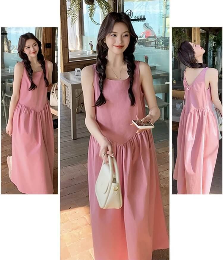 Women's sweet ruffles midi sleeveless tank straps boatneck pleated dress for woman in pink Womens petite-, tall-, plus-, size Summer holiday getaway vacation sunscreen fashionable casual wear pleats v-back tie-up ruffled dresses