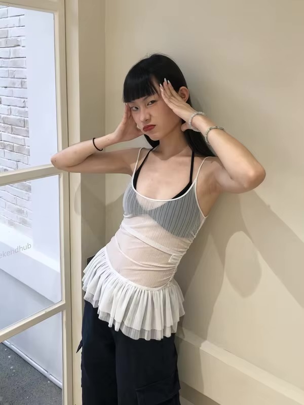 Women’s woman womens Japanese Y2k sheer Korean Fashion Fairycore Crop Tops Female Harajuku Aesthetic Sexy Kpop See Through lace square-neck spaghetti straps sleeveless ruffles ruffled Tank Top Clothes Summer Tops in white