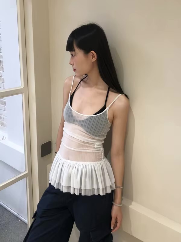 Women’s woman womens Japanese Y2k sheer Korean Fashion Fairycore Crop Tops Female Harajuku Aesthetic Sexy Kpop See Through lace square-neck spaghetti straps sleeveless ruffles ruffled Tank Top Clothes Summer Tops in white