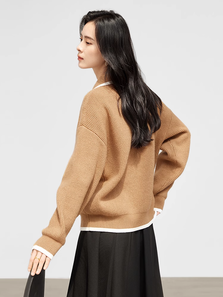 Wool Knit Polo Top   Women's Pullover with White Edge POLO Collar Woolen Loose Long Sleeves Knitted Tops Winter Thickening ribbed Cashmere Shirts for Woman in Dark Khaki brown Low Classic womens Sweaters