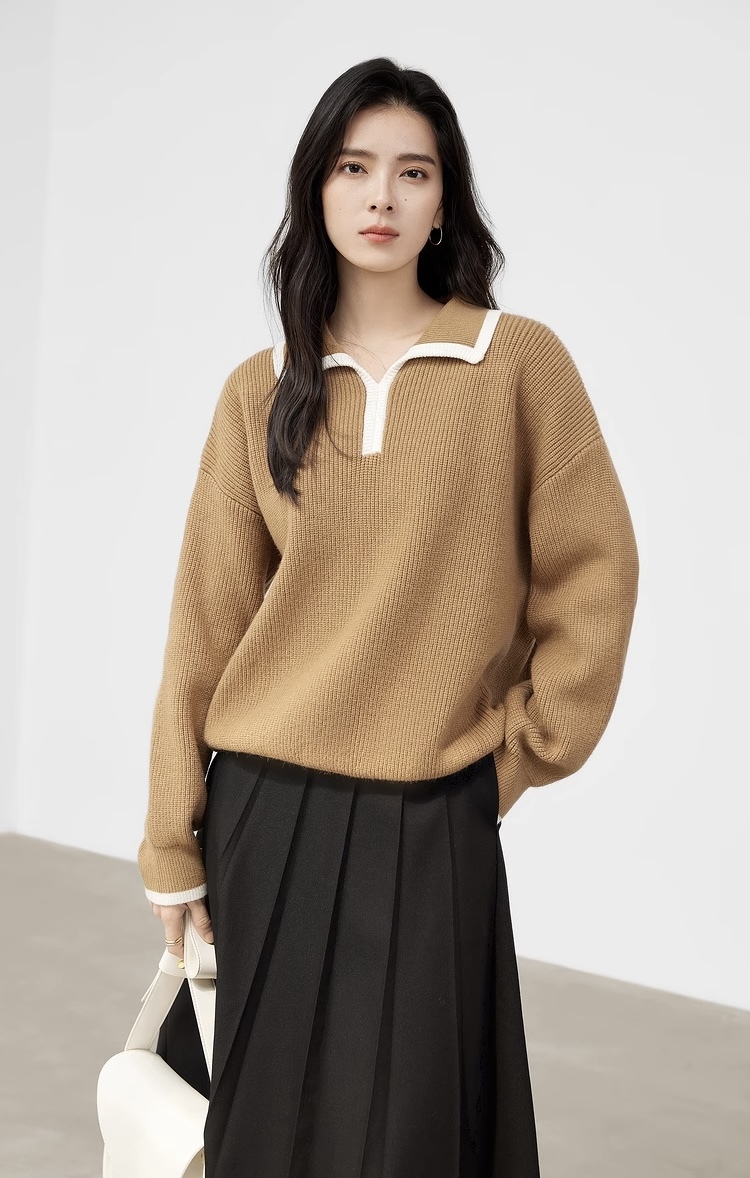 Wool Knit Polo Top   Women's Pullover with White Edge POLO Collar Woolen Loose Long Sleeves Knitted Tops Winter Thickening ribbed Cashmere Shirts for Woman in Dark Khaki brown Low Classic womens Sweaters