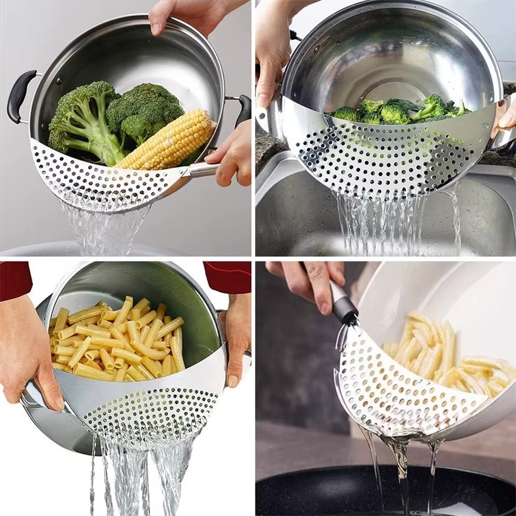 Stainless Steel Pot Strainer with Handle   Kitchen pasta strainers colanders insert drainers for different Pots Pans #JT170 in silver color