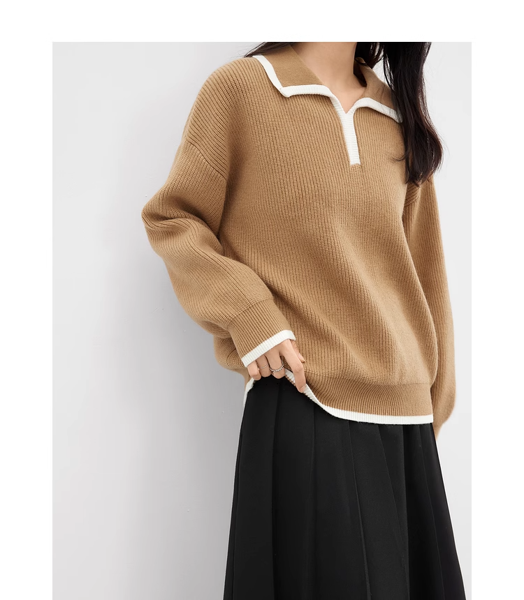 Wool Knit Polo Top   Women's Pullover with White Edge POLO Collar Woolen Loose Long Sleeves Knitted Tops Winter Thickening ribbed Cashmere Shirts for Woman in Dark Khaki brown Low Classic womens Sweaters