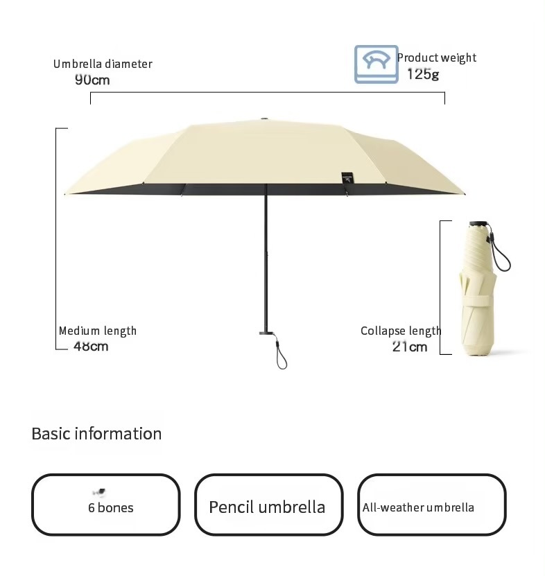 Japanese Umbrella 125g Japanese ultra-light portable sun umbrella sun protection and ultraviolet rain dual-purpose 3-fold 6-bone school university Student Sunny travel accessory Holiday Vacation getaway shopping pencil Umbrellas accessories