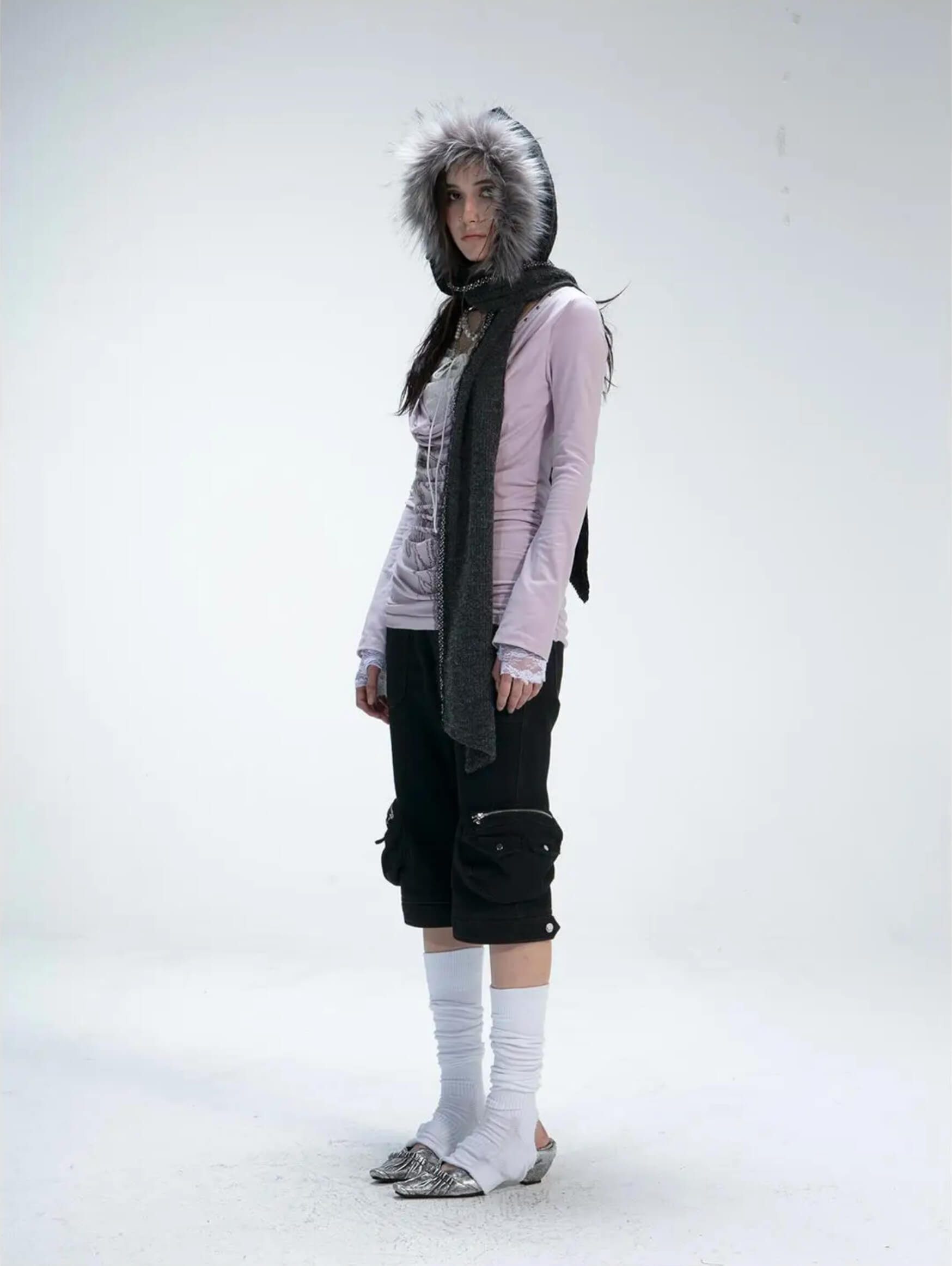 Women’s woman womens petite size Japanese Y2k Grunge Aesthetics Crewneck graphic Tattoo Print Fake Two-piece Tops Trashy 2000s Style Streetwear Black Gothic Punk fashion streetwear style crew round O-neck long sleeves lace scoop-neck bow tie-up v-neck T-shirts in lilac purple with white
