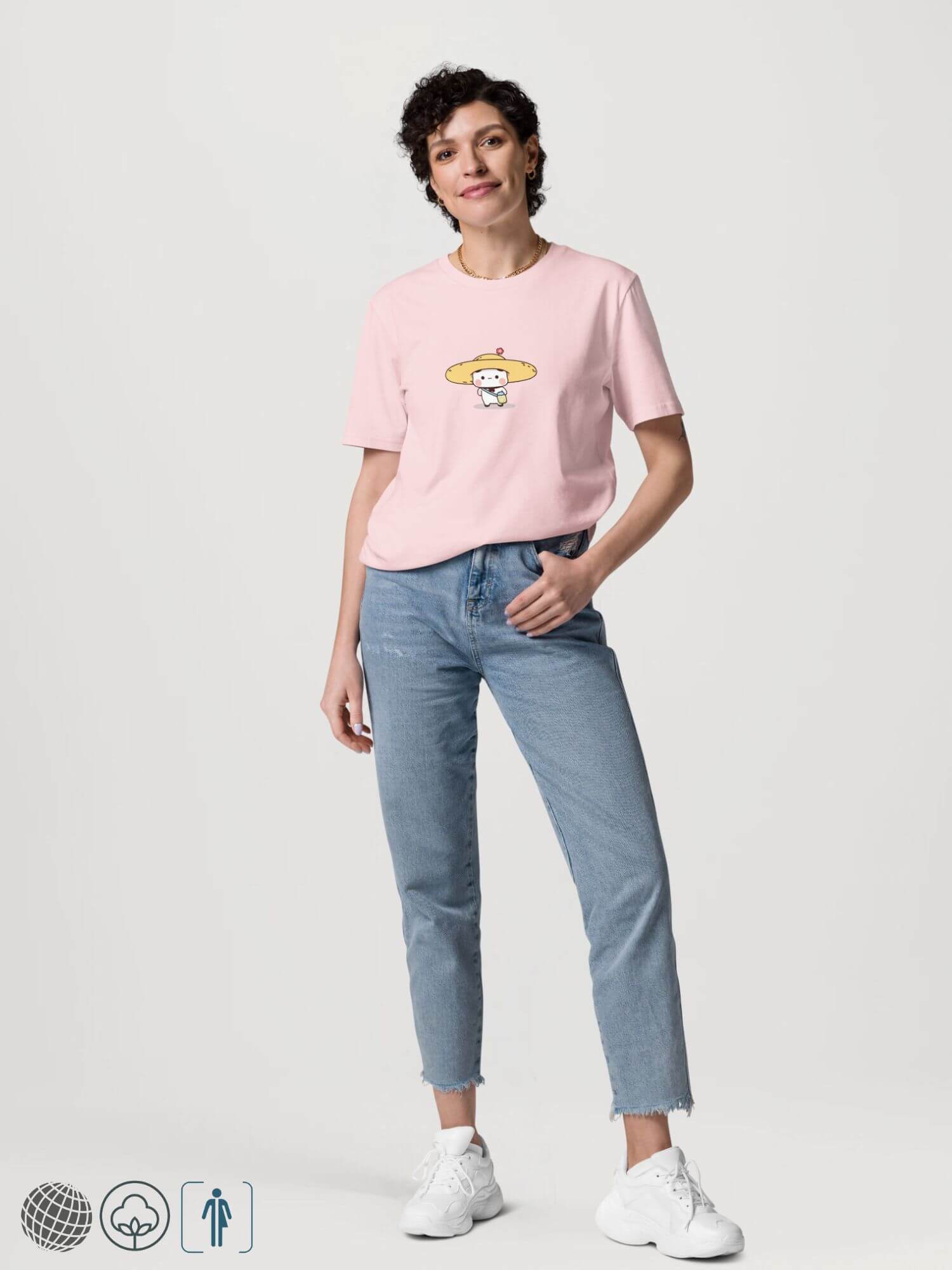 Bubu Sombrero Organic Cotton T-Shirt      Unisex anywear Women’s Men's Short Sleeves o-neck casual solid pink color with pastel multicolor design Korean anime character Tops womens mens crew neck round T-Shirts for tall-, plus-, size man woman Korea Dudu and Bubu characters tees with sombreros Genderful