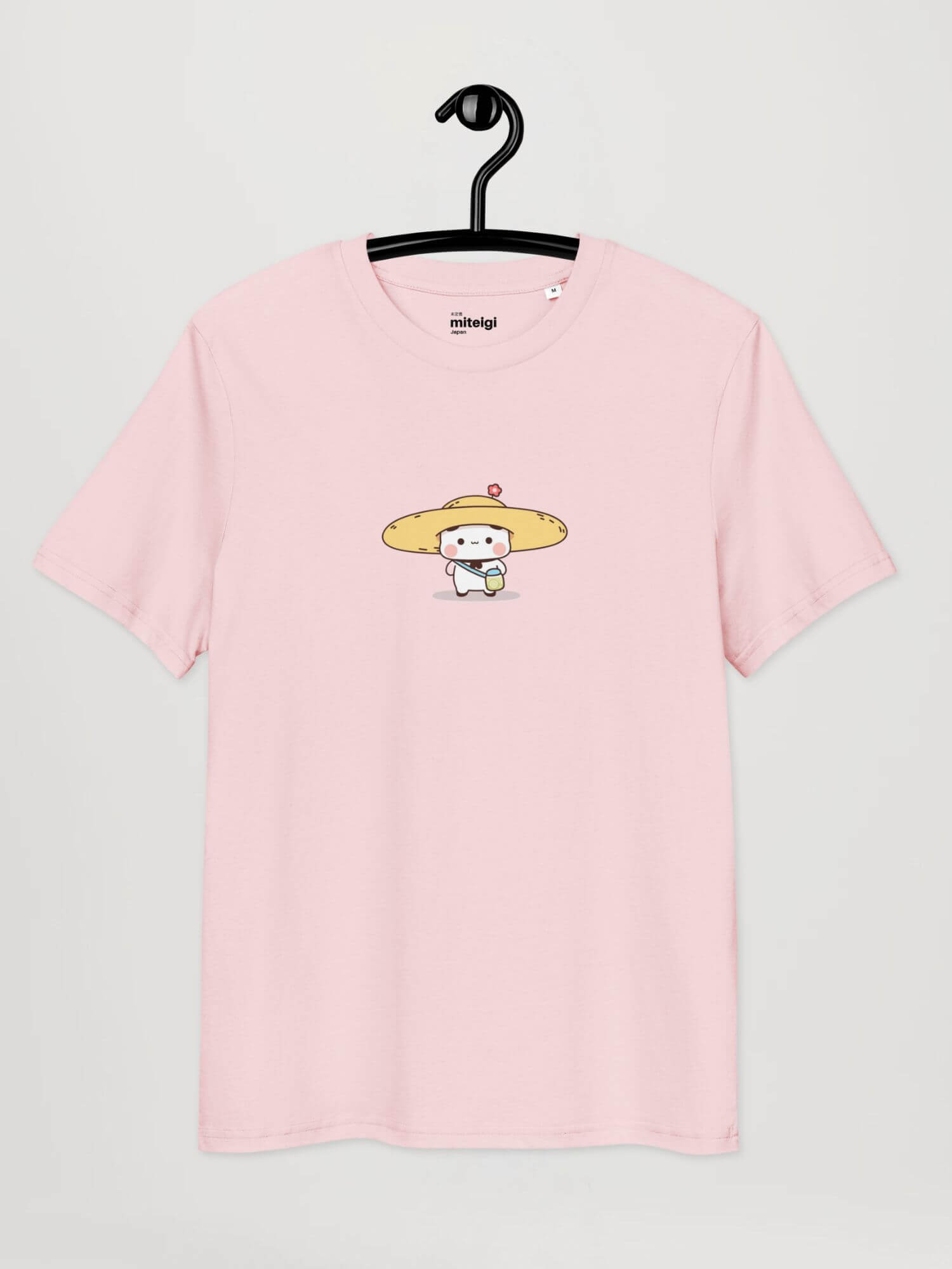 Bubu Sombrero Organic Cotton T-Shirt      Unisex anywear Women’s Men's Short Sleeves o-neck casual solid pink color with pastel multicolor design Korean anime character Tops womens mens crew neck round T-Shirts for tall-, plus-, size man woman Korea Dudu and Bubu characters tees with sombreros Genderful