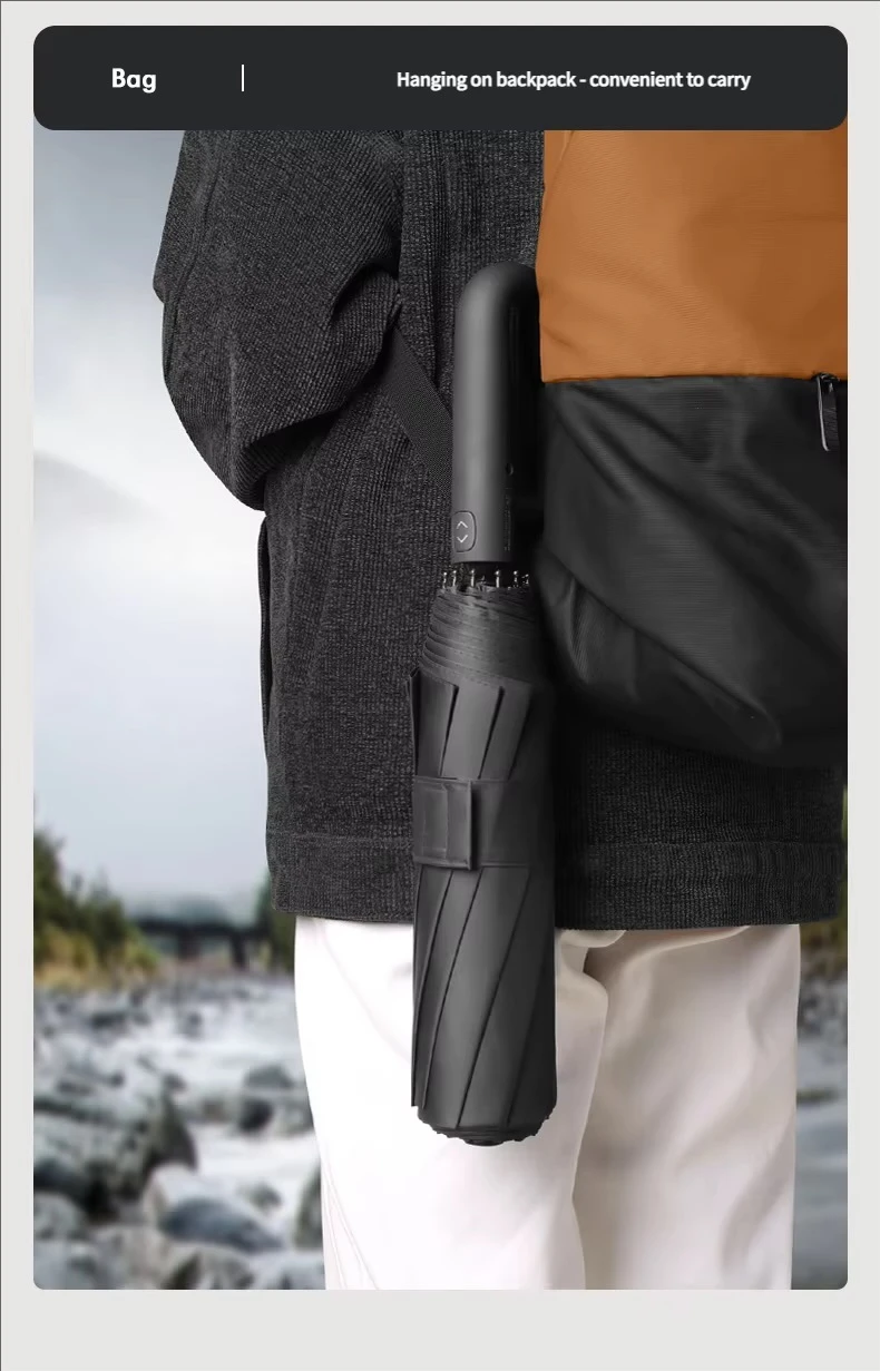 20 Bones Windproof Strong 105CM Reinforced Automatic Folding Backpack hook Umbrella for Men women, Large Buckle Handle Wind and Water Resistant sun protection and ultraviolet rain dual-purpose 3-fold school university Student Sunny travel accessory Holiday Vacation getaway shopping pencil Umbrellas accessories in light black, navy blue, Gray grey, beige, green