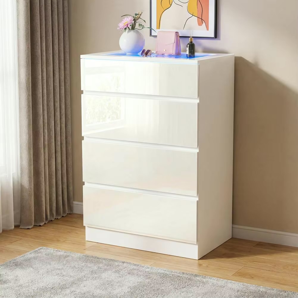Bedroom Living room, Office, Salon, Easy Assembly 4-Drawer wth LED Lighting, Glass Table Top Modern Wooden Bedside Vanity Dresser Cabinet dressers in white with Multi color lighting