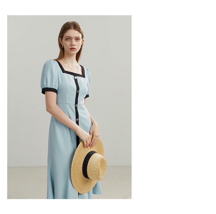 Squareneck Cottage Dress   Women's Summer Design French Look Luxury Small Fragrance High-end Office Lady Professional Workwear Female Mid-calf Dresses for Woman in Light Sky Blue Petite Plus sizes